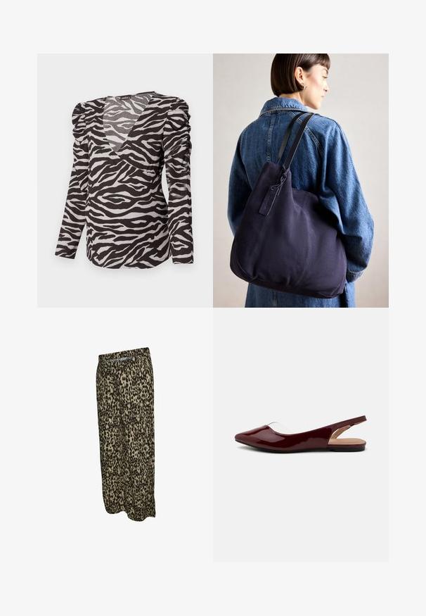 Črno-bela zebra vzorčasta srajca z dolgimi rokavi, z obliko ovitega V-izreza in nagubanim detajlom na rami. Narejena iz teksturiranega blaga.; Hlače širokega kroja s tigrastim vzorcem, izdelane iz lahke tkanine, z elastiko v pasu in sproščenim fitom. Barvna shema: bež in temno rjava.; Burgundski patenti slingback baletni čevlji s koničastim nosom, prozornim izrezi in črnim ravnim podplatom. Gladka tekstura, minimalističen dizajn.; Modra platnena torba za ramo s meko, strukturirano obliko, opremljena s črnim trakom, šivanjem in majhno oznako blagovne znamke.