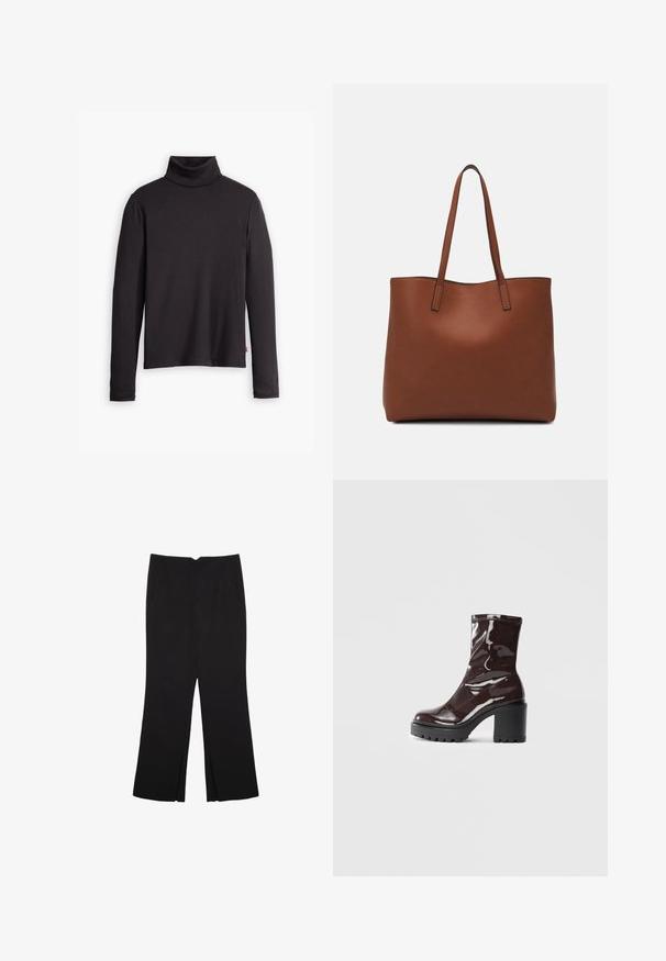 Čierny rebrovaný rolák s dlhými rukávmi a priliehavým strihom. Jemná textúra, jemný elastik a štítok na spodnej strane.; Čierne nohavice so strihom rovného strihu, s prednými vreckami a bočnými rozparkami na leme. Vyrobené z mäkkej, hladkej tkaniny. Vhodné na rôzne príležitosti.; Lesklé burgundské kotníkové boty s robustním černým podpatkem, s hladkou strukturou a jednoduchým designem. Bez viditelných zapínání nebo vzorů.; Hnedá kožená taška na rameno s hladkou textúrou, otvoreným vrchom a dvoma ramenými popruhmi. Má minimálne šitia a žiadne viditeľné kovania.