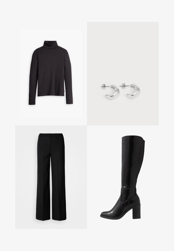 Maglione a collo alto ribbed nero con maniche lunghe e design aderente. Texture morbida, leggera elasticità e un'etichetta sul lato inferiore.; Pantaloni neri a gamba larga in tessuto morbido, con vita alta, cuciture sartoriali e design minimalista. Nessuna ferramenta visibile o tasche.; Stivali neri lucidi alti fino al ginocchio con punta arrotondata, texture liscia, dettaglio con taglio laterale e tacco spesso a blocco.; Orecchini a cerchio in argento con una finitura liscia e lucida. Forma rotonda con un design leggermente curvato e bordi sfumati. Chiusura a perno.