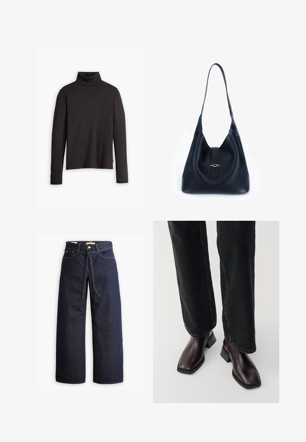Čierny rebrovaný rolák s dlhými rukávmi a priliehavým strihom. Jemná textúra, jemný elastik a štítok na spodnej strane.; Široké tmavomodré denimové džínsy s vysokým pásom, so šnúrkou na sťahovanie, piatimi vreckami a kontrastným prešívaním.; Hnedé kožené členkové topánky so štvorcovou špičkou a blokovým podpätkom, skombinované s čiernymi širokými nohavicami. Hladká textúra a minimalistický dizajn.; Čierna kožená kabelka s mäkkým, voľným dizajnom. Obsahuje plochý popruh a centrálne zapínanie zdobené zlatým akcentom.