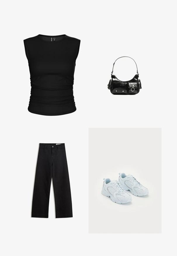 Fekete ujjatlan felső sima anyagból, amely kör alakú nyakkivágással és ráncolt oldali részletekkel rendelkezik, hogy karcsú sziluettet formáljon.; Fekete, bő szabású farmernadrág magas derékkal, elülső és hátsó zsebekkel, varrott felületekkel és gombos záródással. Sima textúra.; Világoskék sportcipők hálós és szintetikus felsőrésszel, fehér pöttyökkel és fényvisszaverő elemekkel, fűzős kialakítással és párnázott talppal.; Fekete lakkbőr kézitáska ívelt formával, egy vállpánttal, elülső zsebekkel és ezüstszínű fémrészletekkel.