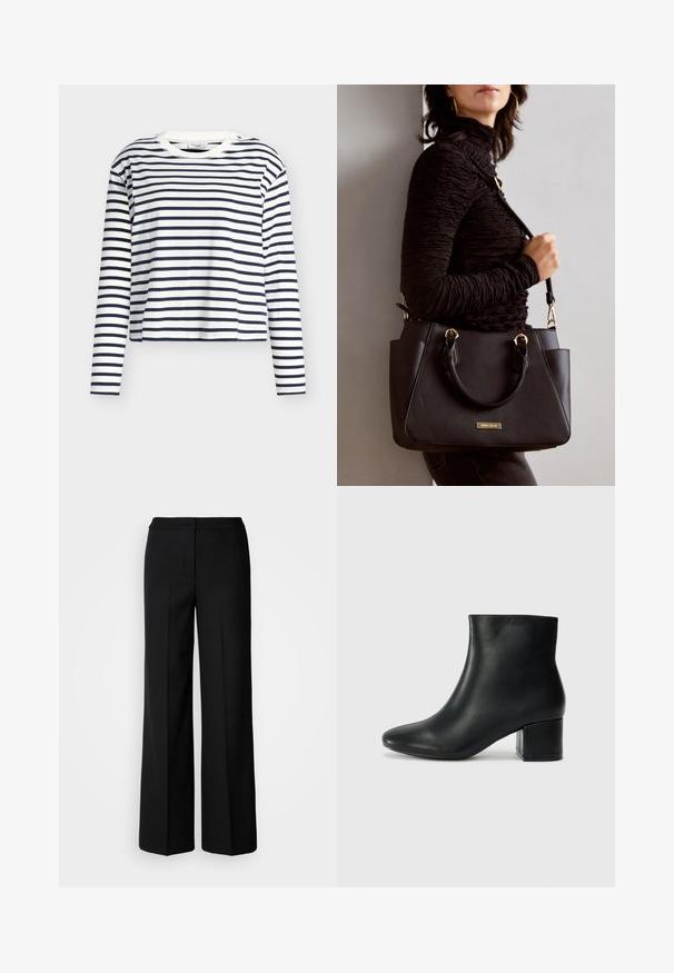 Długi rękaw T-shirt w paski w kolorze granatowym i białym, wykonany z bawełny. Posiada okrągły dekolt oraz lekko skrócony dół z bocznymi rozcięciami.; Czarne szerokie spodnie o gładkim materiale, z wysokim stanem, dopasowanymi szwami i minimalistycznym designem. Brak widocznych zapięć lub kieszeni.; Czarne skórzane botki za kostkę z ostrym noskiem i masywnym obcasem. Gładka tekstura z minimalnymi akcentami i elegancki, dopasowany fason.; Czarna torebka z teksturowanej powierzchni, podwójnymi uchwytami na górze i regulowanym paskiem na ramię. Posiada złote okucia i boczne kieszenie.