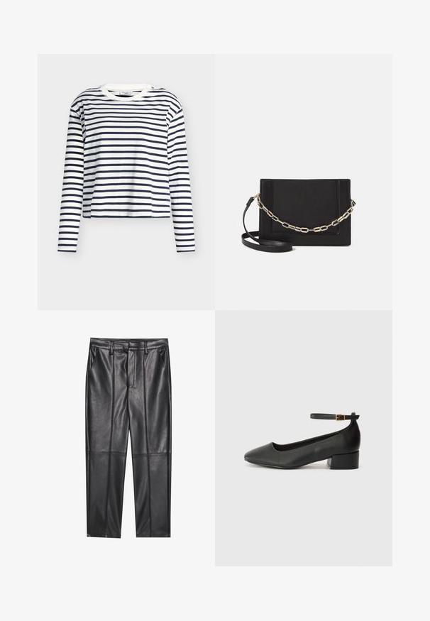 Navyblauw-wit gestreept T-shirt met lange mouwen van katoen. Heeft een ronde hals en een iets kortere zoom met zijsplitten.; Zwarte leren broeken met een gladde textuur, voorzien van een rechte pasvorm, twee voorzakken en zichtbare naaddetail.; Zwarte leren pump met een spitse neus en een lage blokhak. Beschikt over een enkelband met een goudkleurige gespsluiting. Gladde textuur.; Zwarte leren schoudertas met een gladde textuur, rechthoekige vorm en een metallic kettingdetail aan de voorkant. Verstelbare schouderband inbegrepen.