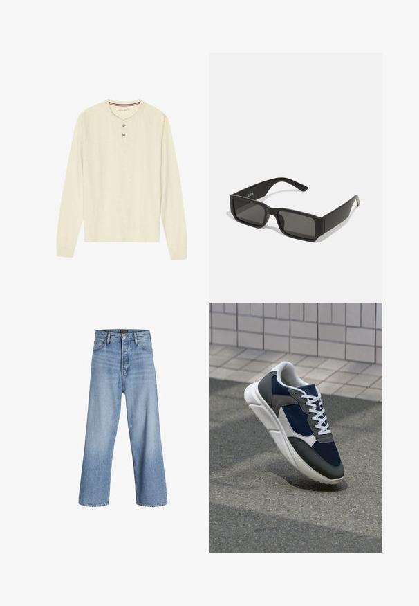 Langärmliges Henley-Hemd aus leichtem cremefarbenem Stoff. Verfügt über eine Drei-Knopf-Leiste und einen rot-blau gestreiften Kragen. Raglanärmel.; Hellblaue Denim-Weite-Beine-Jeans mit hoher Taille, ausgestattet mit einer Knopfleiste, einem Fünf-Taschen-Design und subtiler Ausbleichung. Sauberer Saumabschluss.; Sneaker mit einem Obermaterial aus navyblauem Mesh, grauen Wildlederelementen, einer weißen Gummisohle und flachen weißen Schnürsenkeln, entworfen für Komfort und Atmungsaktivität.; Schwarze Sonnenbrille mit rechteckigen Gläsern, mattem Kunststoffrahmen und geraden Kanten. Verfügt über das Markenlogo auf dem inneren Bügel.