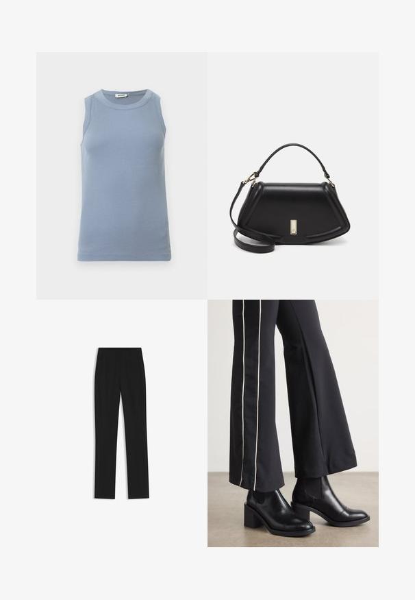 Top azul sin mangas con textura acanalada, escote redondo y diseño ajustado. La tela parece suave y ligera.; Pantalones de traje negros con un diseño de pierna recta, que cuentan con bolsillos delanteros y una tela suave y texturizada. Detalles limpios y minimalistas.; Botines de cuero negro con tacón cuadrado, con paneles laterales elásticos. Combinados con pantalones negros que tienen una franja blanca lateral.; Bolso de mano de cuero negro con un diseño estructurado, que presenta una forma recortada, asa superior y acentos en dorado. Correa de hombro ajustable incluida.