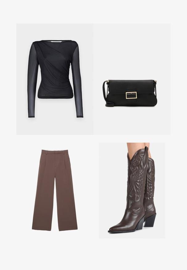 MSCH Copenhagen ILLENORA czarny; Szerokie spodnie w jednolitym brązowym kolorze, z gładką fakturą, fałdami z przodu i dopasowanym paskiem w talii. Brak widocznych logo lub wzorów.; Brązowe skórzane kowbojki z noskiem w kształcie migdała i blokowym obcasem, z detalicznym przeszyciem i podniesionymi akcentami na cholewce.; Czarna skórzana torebka kopertowa z klapką i detalem w postaci złotej metalowej klamry. Zawiera czarny pasek oraz elegancki, minimalistyczny design.; Srebrne kolczyki w formie obręczy o minimalistycznym designie. Okrągły kształt, gładka faktura i cienki profil. Lekkie, z polerowanym wykończeniem.