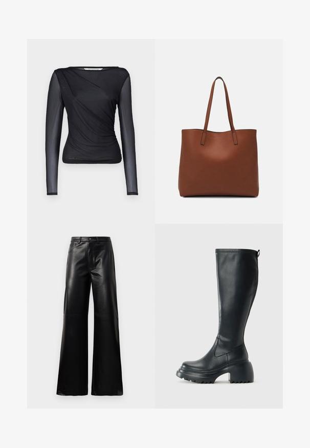 MSCH Copenhagen AMADINE ILLENORA - Pikkade varrukatega topp - black; Mustad talje laiad jalad kunstnahast püksid esipaneeli nööbi ja lukuga, vöödega ja küljetaskutega valge tausta peal.; Kõrge must nahksaapad, millel on massiivne platvormi tald ja blokk-kand, varustatud tõmbenööriga ja tekstuuriga väljatõmbejääk.; Pruun nahast tote-kott, millel on sile tekstuur, avatud ülaosa disain ja kaks õlarihma. Omab minimaalset õmblust ja nähtavat riistvara ei ole.