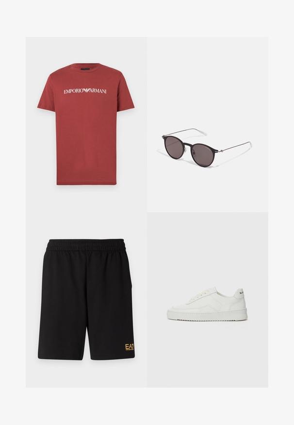 Sarkans kokvilnas T-krekls ar baltu "EMPORIO ARMANI" logo krūtīs, īsām piedurknēm un klasisku apaļu kakla izgriezumu.; Melnas sporta šortus, kas izgatavoti no mīksta auduma, ar elastīgu jostu un mazu dzeltenu EA7 logo zem kreisā kājas stūra.; Baltas ādas sneakers ar gludu virsmu, apaļu pirkstu daļu, plakaniem šņorēm un teksturētu zoli. Satur diskrētu logotipu uz papēža.; Melni apaļi saulesbrilles ar tumšiem lēca un plānām metāla stangām. Iekļautas caurspīdīgas tempļu galviņas un sudraba akcenti pie eņģes. Minimalistisks dizains.