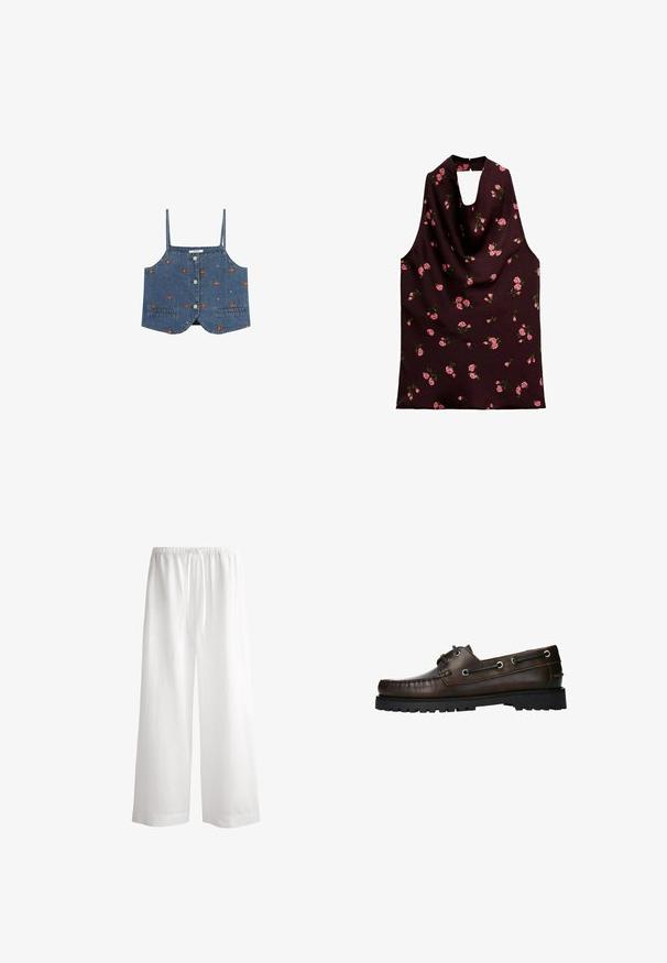 Denim crop top with thin straps, front button closure, and embroidered floral and geometric patterns in orange and ivory.; Sleeveless top in dark burgundy fabric, featuring a draped design with pink floral patterns and a keyhole neckline. Smooth texture.; White linen wide-leg pants with an elastic waistband, drawstring, and a loose, flowing design, featuring clean edges and no visible patterns.; Brown leather boat shoe with moccasin-style stitching, metal eyelets, and a textured black rubber sole.