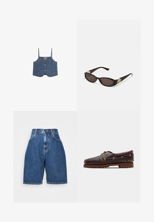 Denim crop top with thin straps, front button closure, and embroidered floral and geometric patterns in orange and ivory.; Denim shorts with a high waist, in a dark blue color. Features classic five-pocket style, straight cut, and folded hem. Cotton material.; Brown leather boat shoe with gold eyelets, round laces, and a textured brown rubber sole. Features stitched detailing and a raised logo.; Tortoiseshell sunglasses with elongated oval lenses, brown tint, gold logo accents on temples, and sleek black arms.