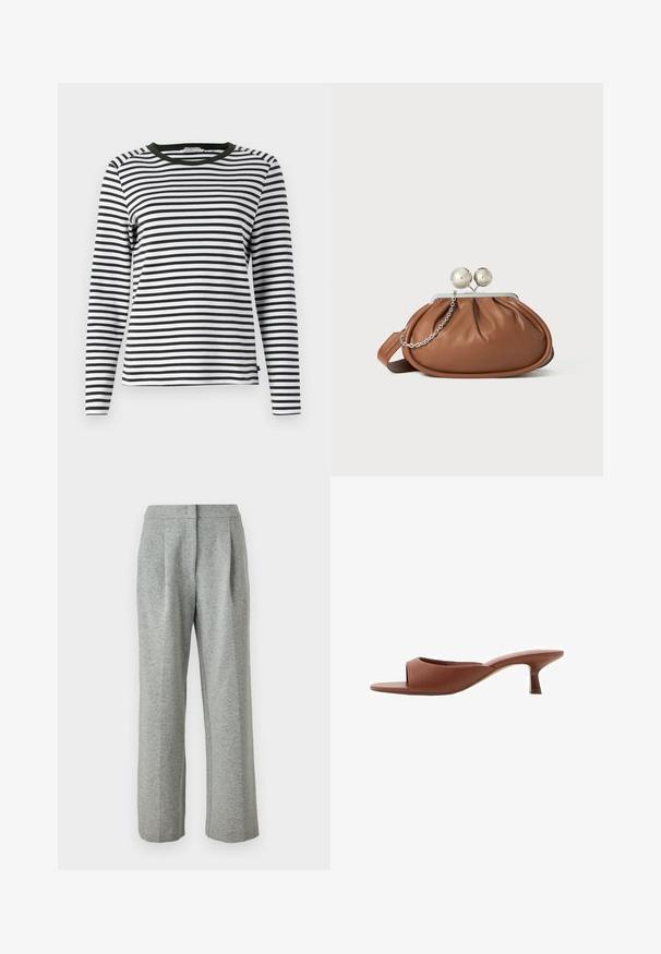 Langarmshirt in Schwarz-Weiß-Streifen mit einem abgerundeten grünen Ausschnitt. Weicher Stoff mit regulärer Passform und geradem Saum.; Graue, hochgeschnittene Hose aus einem weichen, strukturierten Stoff. verfügt über zwei vordere Falten und ein gerades Bein-Design, mit einem Knopfverschluss.; Braune offene Absatzmules mit glatter, matter Oberfläche, die ein geschwungenes Design und einen transparenten, verjüngten Absatz aufweisen.; Braune Leder-Clutch mit silbernem Kugelverschluss und einem kleinen silbernen Kettendetail auf weißem Hintergrund.