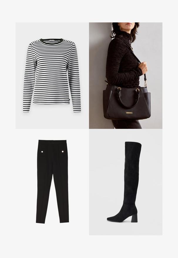 Langærmet skjorte i sort og hvid stribet design med en rund, grøn halsudskæring. Blødt stof med normal pasform og lige søm.; Sorte skrædderbukser med en glat tekstur, der har to forlommer med dekorative hardwaredetaljer og en slim-fit design.; Sorte ruskind støvler i knæhøjde med blokheel, spids tå og glat, sømløs design på en enkel lys baggrund.; Sort håndtaske med struktureret overflade, dobbelt topbærere og justerbar skulderrem. Udstyret med guldfarvet metalhardware og sidelommer.