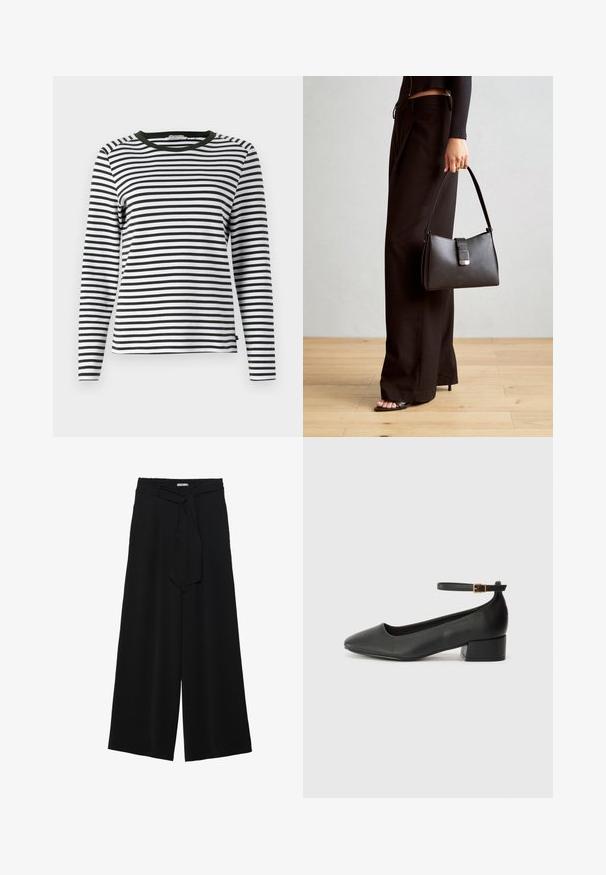 Halenka s dlouhým rukávem v černobílých pruzích, s kulatým zeleným výstřihem. Měkká tkanina s běžným střihem a rovým lemem.; Černé kalhoty s širokými nohavicemi, vyrobené z texturované tkaniny, s elastickým pasem a odnímatelným páskem na úpravu velikosti.; Černé kožené lodičky s špičatou špičkou a nízkým blokovým podpatkem. Obsahují pásek kolem kotníku se zlatou sponou. Hladký povrch.; Černá kabelka se strukturovaným tvarem, hladkým povrchem a kovovým uzávěrem. Kombinována s širokými černými kalhotami a sandály s otevřenou špičkou na dřevěné podlaze.