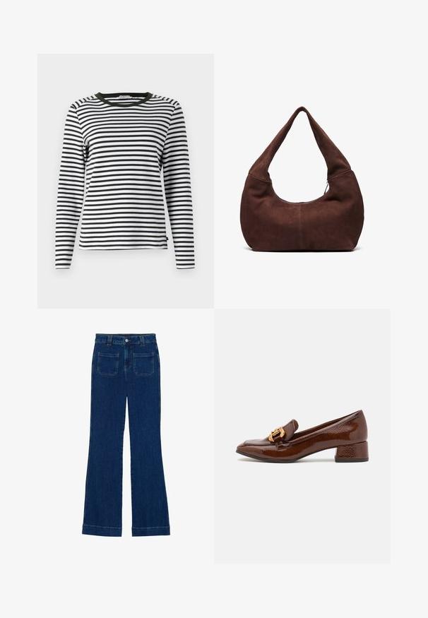 Langsleeve shirt in zwart-witte strepen, met een ronde groene halslijn. Zachte stof met een normale pasvorm en rechte zoom.; Donkerblauwe denim flared jeans met een gladde textuur, vijf zakken en een knoopsluiting aan de taille.; Bruine leren loafers met een glanzende afwerking, met een decoratieve gouden gesp aan de voorkant en een lage blokhak. Klassiek ontwerp.; Bruin suède hobo tas met een gebogen, brede handgreep en een grote opening. Zachte textuur met zichtbare stiksels langs de randen.