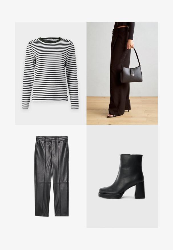 Cămașă cu mânecă lungă în dungi alb-negru, având un guler rotund verde. Material moale, cu o croială normală și tiv drept.; Pantaloni din piele neagră cu o textură netedă, având o croială dreaptă, două buzunare frontale și detalii vizibile ale cusăturilor.; Botină din piele neagră, cu toc pătrat și talpă platformă, văzută din lateral pe un fundal alb simplu.; Genți negre cu o formă structurată, textură netedă și un închizător metalic. Asortată cu pantaloni negri largi și sandale cu vârf deschis pe un podea din lemn.