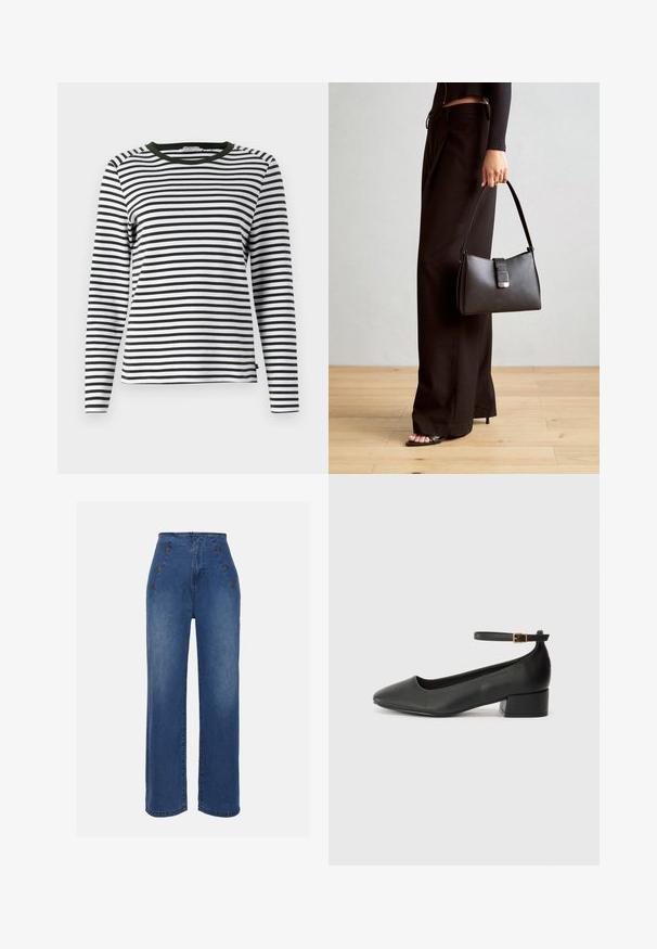 Dlhý rukáv blúzka v čierno-bielych pruhovaných vzoroch s okrúhlym zeleným výstrihom. Mäkká tkanina s bežným strihom a rovnou lemom.; Džíny s vysokým pásom v strednej modrej farbe. Obsahujú predné gombíkové detaily a široký strih nohavíc. Látka má hladkú štruktúru s miernym vyblednutím.; Čierne kožené lodičky s špicatou špičkou a nízkym blokovým podpätkom. Obsahuje remienok okolo členka so zlatým prackou. Hladký povrch.; Čierna kabelka so štruktúrovaným tvarom, hladkou textúrou a kovovou sponou. V kombinácii so širokými čiernymi nohavicami a sandálmi s otvorenou špičkou na drevenej podlahe.