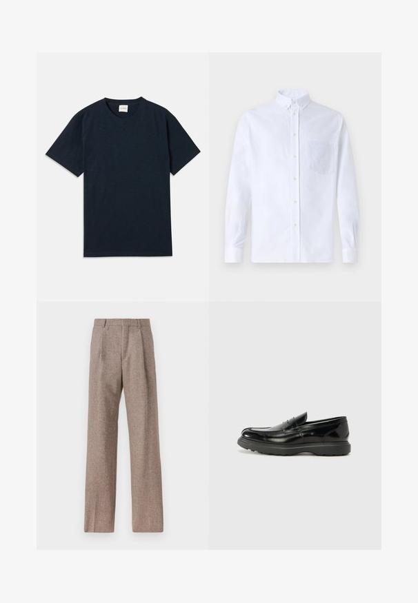 Egyszínű sötét tengerészkék rövidujjú póló, kerek nyakkal, kis domborítótt logóval az alsó szegély közelében.; Fehér, hosszú ujjú, gombos ing pamutból, mellzsebbel, tónusos hímzéssel, gallérral és gombos mandzsettával.; Barna, magas derekú nadrág texturált anyagból. Széles szárai és két elülső redője biztosítja a struktúrát. Ízléses kivitel, látható fémszerelés nélkül.; Fekete bőr loafer, fényes felülettel, kerek orral, diszkrét varrási részletekkel és vastag gumitalppal a tartósság érdekében.