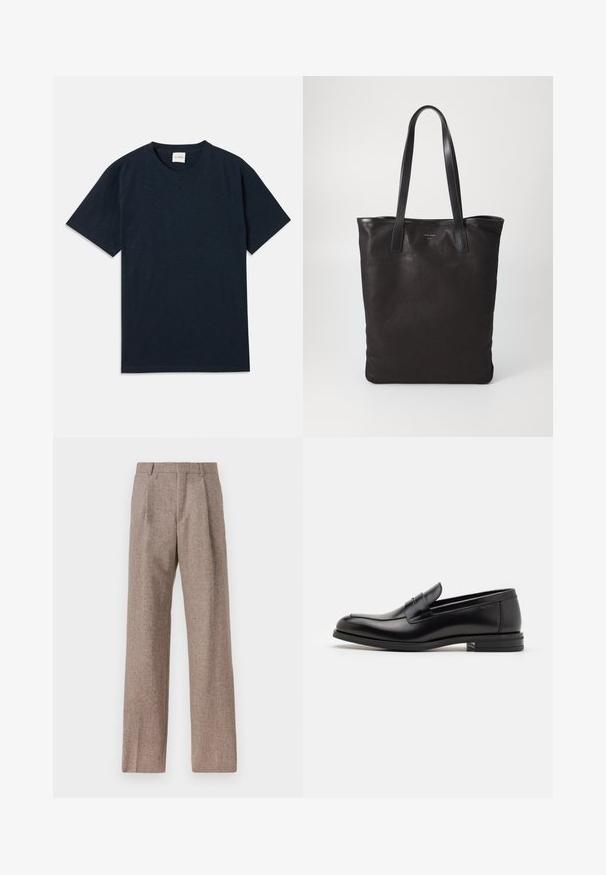 Eno temno mornarsko modra kratka majica s kratkimi rokavi in okroglo ovratnikom, z majhnim izbočenim logotipom blizu spodnjega roba.; Rjave hlače z visokim pasom, izdelane iz teksturirane tkanine. Imajo široke noge in dve sprednji pregibi za strukturo. Urejen zaključek brez vidne strojne opreme.; Črne usnjene loafer čevlje z gladko teksturo, zaobljenim nosom in dekorativnim trakom čez zgornji del. Nizka zložena peta, minimalističen dizajn.; Črna platnena torba s črnimi usnjenimi ročaji. Preprost dizajn, prostorna notranjost in gladka tekstura. Brez vidnih logotipov ali vzorcev.