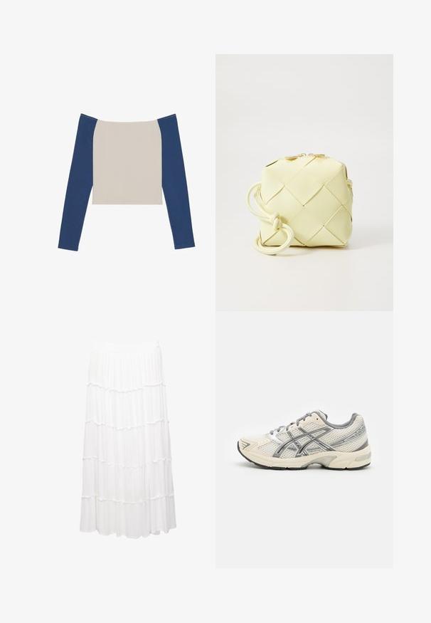 Dlouhý rukáv s tělem v barvě slonové kosti a tmavě modrými rukávy, s širokým výstřihem a zkráceným střihem. Jemná, hladká textura látky.; Bílá sukna ve vrstvách vyrobená z lehké tkaniny, s elastickým pasem, volánkovými vrstvami a splývavým designem, který sahá až k polovině tel. Zároveň je pohodlná a vzdušná.; Běžecké boty s prodyšným bílým síťovinovým svrškem, stříbrnými detaily, šedými tkaničkami a odolnou černou gumovou podrážkou. Lehký, polstrovaný design.; Žlutá, tkaná kabelka se čtvercovým designem, která má hladkou texturu, zdobený uzlový popruh a kovové prvky ve zlaté barvě.