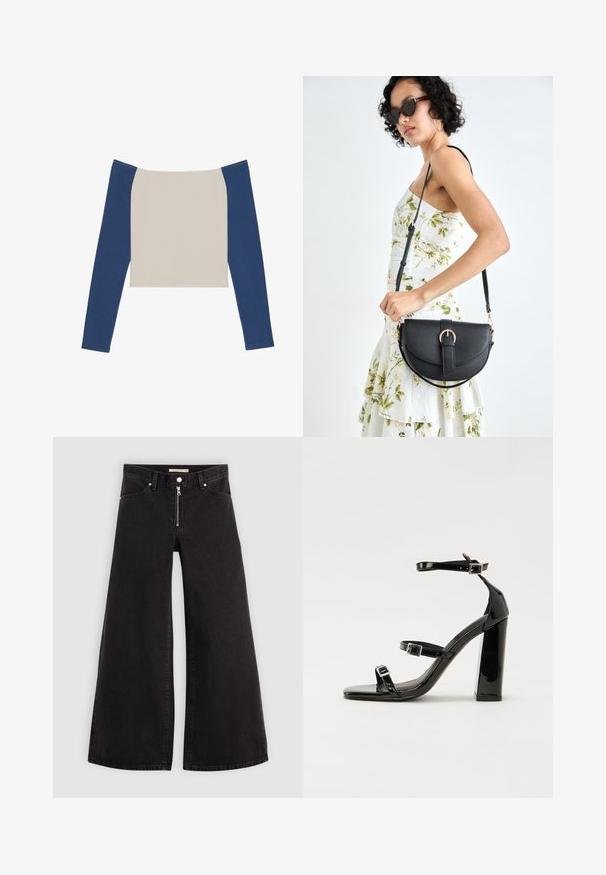 Long-sleeve top with an off-white body and dark blue sleeves, featuring a wide neckline and a cropped design. Soft, smooth fabric texture.; Wide-leg jeans in black denim with a zippered front, five-pocket design, and subtle stitching details. Smooth texture and casual style.; Black patent heeled sandals with a square toe, ankle straps, and silver buckles. Features a chunky block heel for stability.; Black leather handbag with a curved shape, detachable strap, and gold hardware. The bag features a flap with a buckle detail.