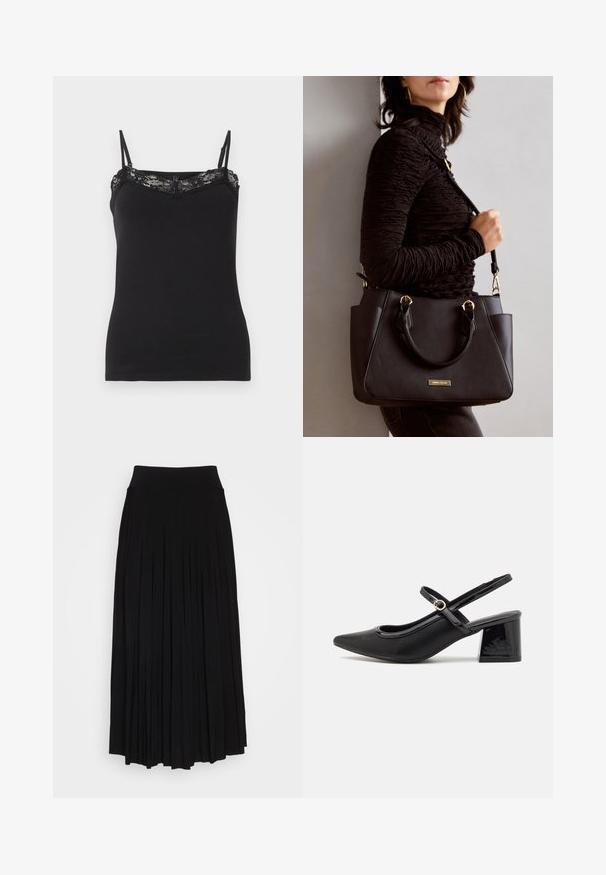 Juodas kamšatas su plonomis reguliuojamomis petnešomis, apipavidalintas nėriniais aplink iškirptę. Minkšta medžiaga, prigludusi forma, lygi tekstūra.; Juodas plisuotas sijonas su aukštu, tampri juosta. Pagamintas iš minkštos medžiagos, turi vertikalias plisėles, sukuriantis laisvą siluetą.; Juodi patentinio odos slingback aukštakulniai su smailiu pirštu, apvaliu išpjovimu ir blokiniu kulnu. Papuošti auksiniu juostos akcentu.; Juodas rankinės maišelis su struktūrizuota paviršiumi, dvigubais viršutiniais rankenėlėmis ir reguliuojamu peties diržu. Įrengtas aukso spalvos furnitūra ir šoninės kišenės.