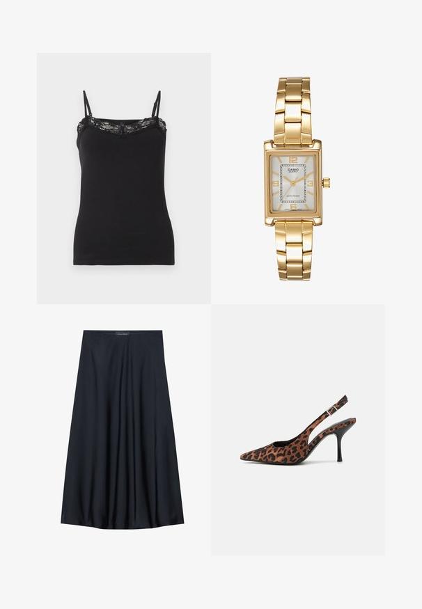 Melna korsetē ar plānām regulējamām siksniņām, kurai ir mežģīņu apdare ap kaklu. Mīksts audums, pieguļošs pielietojums, gluda tekstūra.; Melna, uz ceļa garuma svārku izgatavota no viegla auduma ar plūstošu dizainu. Ir gluda tekstūra un smalkas krokas papildu detaļām.; Laišu raksta slingback augstpapēžu kurpes ar norādītu purngali, melnu spīdīgu papēdi un regulējamu potītes siksniņu. Mīksts materiāls ar teksturētu apdari.; Zelta tonis taisnstūra rokas pulkstenis ar balto ciparnīcu, sudraba tonis stundu rādītājiem un izturīgu metāla saiti. Iekļauta ūdens izturība.