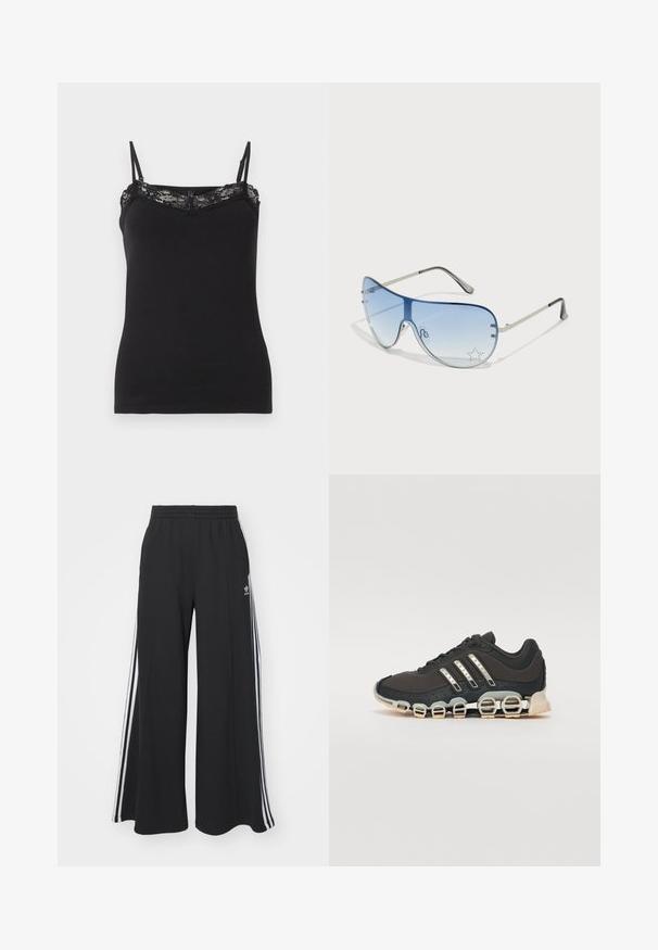 Svarte camiset-top med tynne justerbare stropper, med blondekant langs utringningen. Mykt stoff, tettsittende fasong, glatt tekstur.; Svart vide joggebukser med elastisk midjebånd, med hvite sidestriper og brodert logo på venstre lår.; Svarte sportsko med en strukturert overflate, tre sølvstriper, og en distinkt støtdempende såle med flere integrerte seksjoner.; Pilotbriller med gradient blå linse, sølvfarget metallramme og dekorative stjerneaksenter på linsen. Glatt og stilren design.