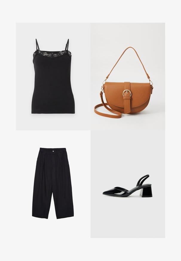Svart linne med tunna justerbara axelband, med en spetskant längs halsringningen. Mjuk tyg, figursydd passform, slät textur.; Svarta polyester culottbyxor med elastisk midja, två framfickor och en lös silhuett. Inga synliga mönster eller hårdvarudetaljer.; Svarta lackläder slingback klackar med spetsig tå och geometrisk klack. Har en elegant, minimalistisk design och slät yta.; Brun läder crossbody-väska med en böjd form, gyllene detaljer och en spänneaccent. Har en avtagbar axelrem.