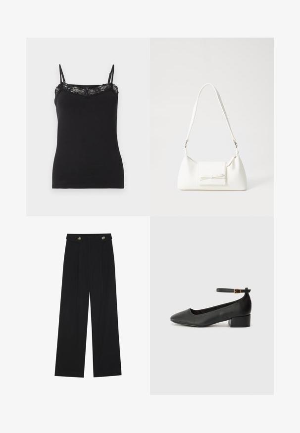 Top de camisolinha preto com alças finas ajustáveis, apresentado com um acabamento de renda ao longo da gola. Tecido macio, forma ajustada, textura suave.; Calças largas pretas com cintura alta, detalhes em botão na cintura e pregas frontais.; Sandal de pele preta com bico pontiagudo e um salto bloco baixo. Apresenta uma tira no tornozelo com uma fivela em tom dourado. Textura suave.; Mala sintética branca com formato triangular, aba frontal plana e detalhe de laço, alça ajustável, textura suave e design minimalista.