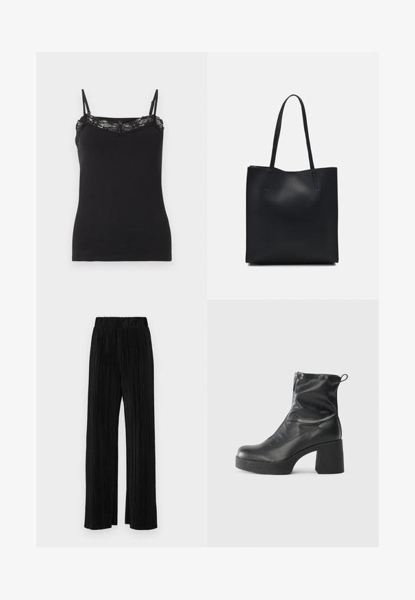 Čierny top s tenkými nastaviteľnými ramienkami, so čipkovým lemovaním okolo výstrihu. Mäkká látka, priliehavý strih, hladká textúra.; Čierne plisované nohavice s elastickým pásom. Majú široké nohavice a hladkú, textúrovanú látku s vertikálnymi pruhmi.; Čierne členkové topánky z hladkej kože, so bočným zipsom, robustnou textúrovanou pätnou časťou a zaobleným dizajnom špičky.; Čierna kožená taška na rameno s hladkým povrchom, obdĺžnikovým tvarom a dvoma dlhými uchami. Bez viditeľného kovania alebo ozdôb.