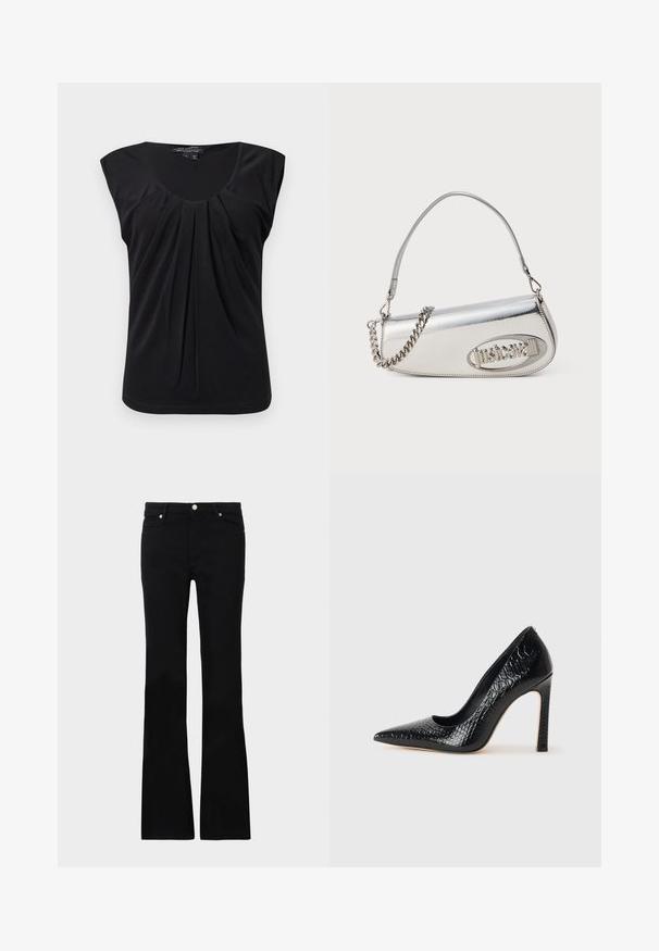 Sort ærmeløs top med en rund udskæring og frontfald. Fremstillet af glat stof med en afslappet pasform og en rundet kant i bunden.; Sorte bløde jeans lavet af denim, med to frontlommer, knaplukning og en glat tekstur. Signaturstikninger synlige ved sømmene.; Sorte spidse tå stiletto-sko i krokodilleskind med et strømlinet design, høj hæl og glat sort inderside.; Sølv metallic håndtaske med en afrundet trekantet form, der har et logo, kædetræk og glat tekstur. Lynlås lukning på siden.