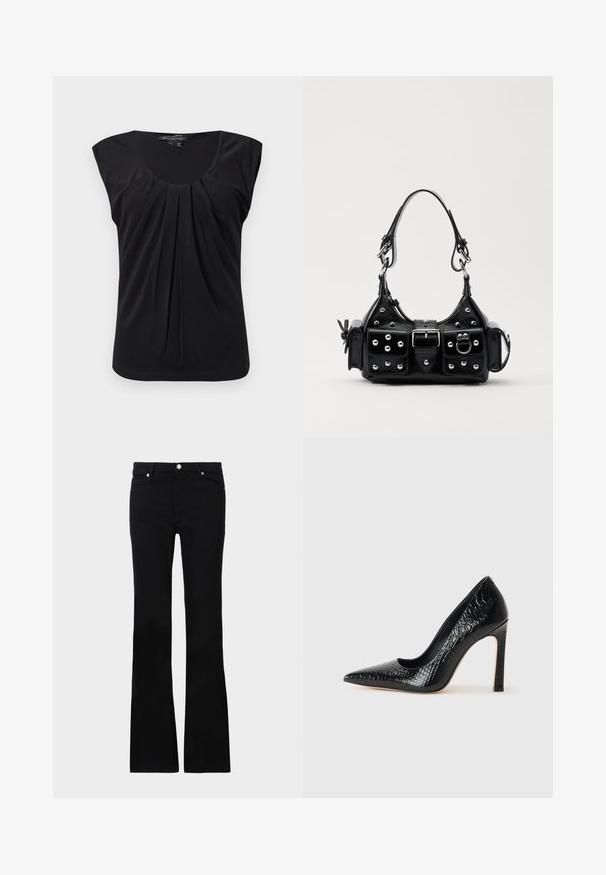 Black, sleeveless top with a scoop neckline and front pleats. Made of smooth fabric with a relaxed fit and rounded hem at the bottom.; Black flared jeans made of denim, featuring two front pockets, a button closure, and a smooth texture. Signature stitching visible at seams.; Black pointed-toe high heel shoe with a crocodile-skin texture, featuring a sleek design, high stiletto heel, and smooth black interior.; Black leather handbag with a curved design, featuring silver studs, a buckle, and two side pockets. Adjustable strap for carrying options.