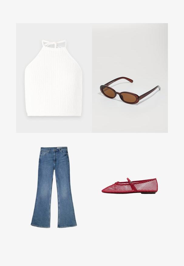 Biely pletený top na krk s rebrovanou textúrou, nastaviteľnými viazaniami na výstrihu a priliehavým strihom, ktorý končí na páse.; Rozšírené modré džínsy vyrobené z denimu, s stredne vysokým pásom, piatimi vreckami a vyblednutou textúrou so šitými detailmi pozdĺž švov.; Červené sieťové baleríny s špicatou špičkou, ktoré majú tenký remienok a detail s prackou. Zvršok má otvorený, včelí plástový vzor.; Okrúhle slnečné okuliare s hnedým nádychom a lesklým burgundským rámom. Úzke ramená s jemným brandovaním. Plochej šošovky dizajn.