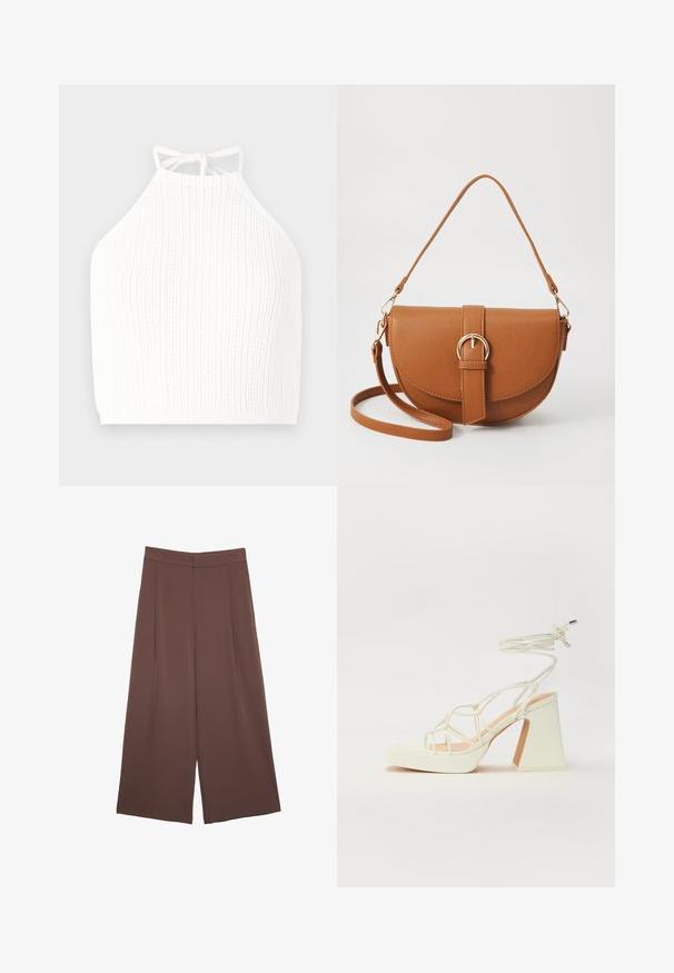 Bela pletena halter majica z ribasto teksturo, nastavljive vrvice na vratu in prilega obliko, ki se konča v pasu.; Rjave široke hlače z gladko teksturo, ki imajo visok pas in sprednje naborke. Tkanina je lahka in prosto pada.; Bela sandala na visokih petah s debelim petam, ki ima obliko trakcev in vezanje okoli gležnja. Gladka tekstura z platformo spredaj za dodatno višino.; Rjava usnjena torbica prek telesa s ukrivljeno obliko, zlate opreme in sponko. Ima odstranljiv naramni trak.