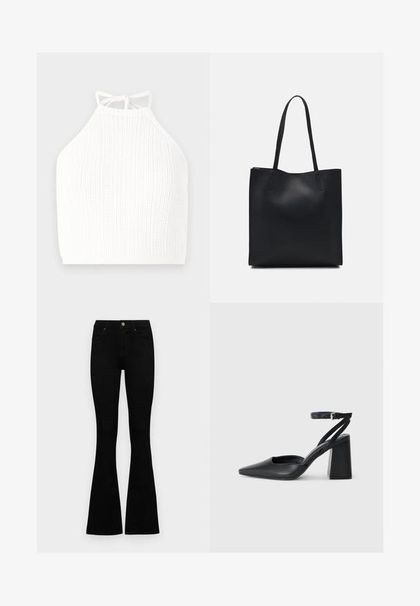Hvit strikket halterneck-top med ribbestruktur, justerbare bånd i halsen og en tettsittende design som slutter ved midjen.; Sorte høytlivsjeans med knapp og glidelås, frontlommer og utsvingte bein liggende flatt på en hvit bakgrunn.; Svart lær pumps med spiss tå, ankelrem og kraftig hæl. Flat tekstur, strømlinjeformet design og minimalisme.; Svart lær tote bag med glatt tekstur, rektangulær form og to lange håndtak. Ingen synlige deler eller dekorasjoner.