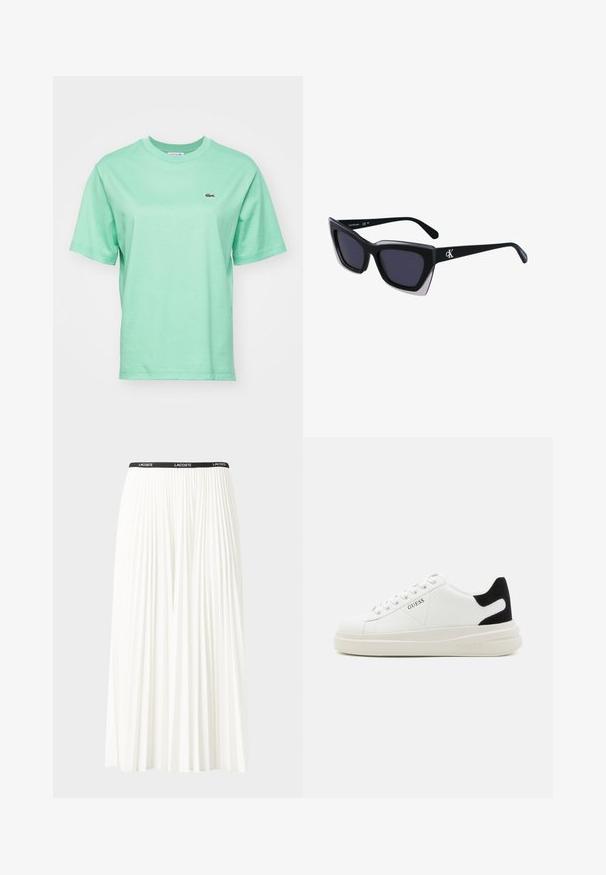 Gaiši zaļš kokvilnas t-krekls ar īsām piedurknēm un apaļu kakla izgriezumu, ar nelielu izšūtu logotipu kreisās krūtis rajonā.; Gari plānas baltas svārku ar melnu elastīgu jostu, uz kuras redzams "LACOSTE" logo. Vidēja garuma dizains ar mīkstu tekstūru.; Baltas ādas sporta apavi ar biezu balto zoli, melna zamša uzpura un izspiestais logotips sānos. Šņorējuma dizains ar sešiem acu caurumiem.; Melni pārmēru saulesbrilles ar ģeometrisku formu, kas aprīkotas ar tumšiem stikliem un kontrastējošu pelēku akcentu uz rāmja. Logo uz kājas.