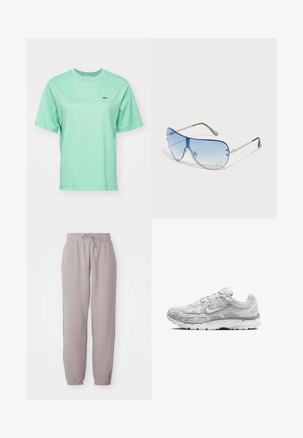 Hellgrünes Baumwoll-T-Shirt mit kurzen Ärmeln und Rundhalsausschnitt, mit einem kleinen gestickten Logo auf der linken Brustseite.; Helle mauve Fleece-Sweatpants mit elastischem Bund, Kordelzug, seitlichen Taschen und elastischen Bündchen, flach auf einem weißen Hintergrund präsentiert.; Helle graue Sportschuhe mit einem Obermaterial aus Mesh und Synthetik, ausgestattet mit Schnürverschluss, gepolsterter Zunge und strukturiertem Sohlen für besseren Grip.; Flugzeugbrille mit einem verlaufenden blauen Glase, silbernem Metallrahmen und dekorativen Sternelementen auf dem Glas. Glattes und elegantes Design.