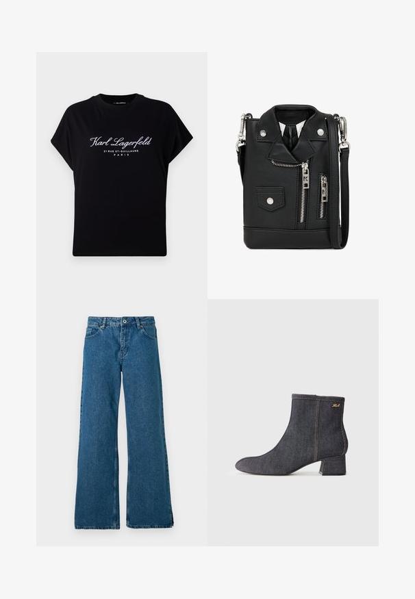 Black oversized t-shirt made of cotton. Features short sleeves and a round neckline. Front displays white text: "Karl Lagerfeld 21 RUE ST-GUILLAUME PARIS."; Wide-leg blue denim jeans with a classic five-pocket design, featuring a front button and zip closure, and subtle faded texture.; Dark denim ankle boot with a pointed toe, block heel, visible stitching, and a subtle brand logo on the side. Smooth texture.; Black faux leather crossbody bag, designed like a motorcycle jacket. Features zippers, snaps, and a shoulder strap. Compact with an edgy look.