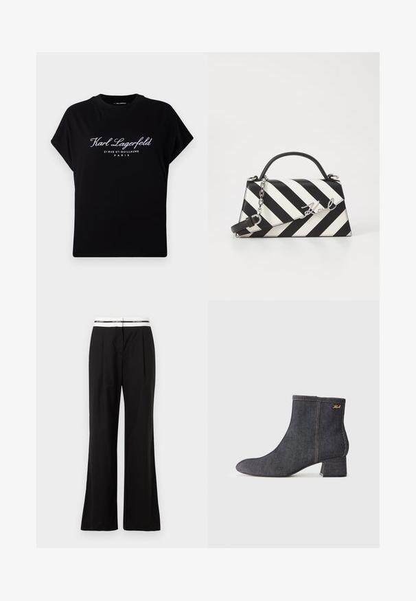 Black oversized t-shirt made of cotton. Features short sleeves and a round neckline. Front displays white text: "Karl Lagerfeld 21 RUE ST-GUILLAUME PARIS."; Black trousers with a relaxed fit, featuring a white elastic waistband with branding. Made of smooth fabric with a slight sheen.; Dark denim ankle boot with a pointed toe, block heel, visible stitching, and a subtle brand logo on the side. Smooth texture.; Black and white striped handbag with a structured shape, featuring a top handle, a detachable chain strap, and metallic logo accent.