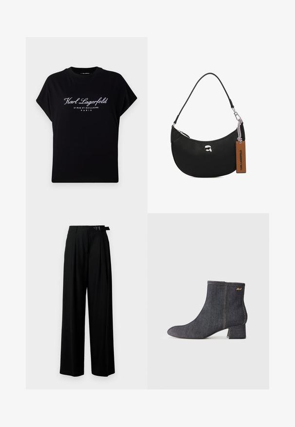 Camiseta negra de gran tamaño hecha de algodón. Con mangas cortas y un escote redondo. En el frente aparece texto blanco: "Karl Lagerfeld 21 RUE ST-GUILLAUME PARIS."; Pantalones de pierna ancha negros con cintura alta, pliegues en la parte delantera y un cinturón con hebilla. Confeccionados con una tela suave y liviana.; Botín de mezclilla oscura hasta el tobillo con puntera afilada, tacón en bloque, costuras visibles y un sutil logo de la marca en el costado. Textura suave.; Bolso de mano de cuero negro con textura granulada, forma curvada, cierre superior con cremallera, herrajes plateados y una etiqueta marrón. Presenta un acento con el logotipo.