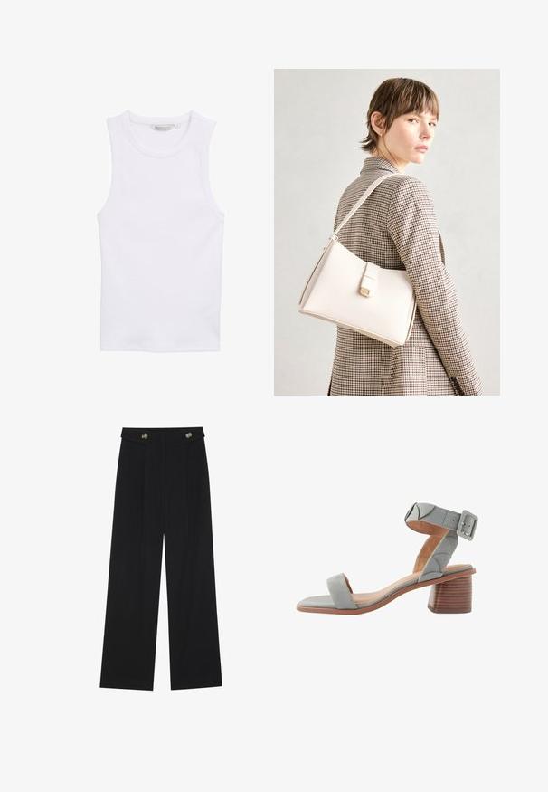 Fehér, ujjatlan top, bordázott anyagból készült. Kerek nyakkal és testhezálló fazonnal rendelkezik. A címke 'S' méretet mutat.; Fekete, bő szárú nadrág magas derékkal, gombos részletekkel a derékrészen és elülső pliszékkal.; Next FOREVER COMFORTREGULAR FIT - Szandálok - blue; Fehér bőr táska strukturált dizájnnal, mágneses záródással és vállpánttal, semleges háttér előtt bemutatva.