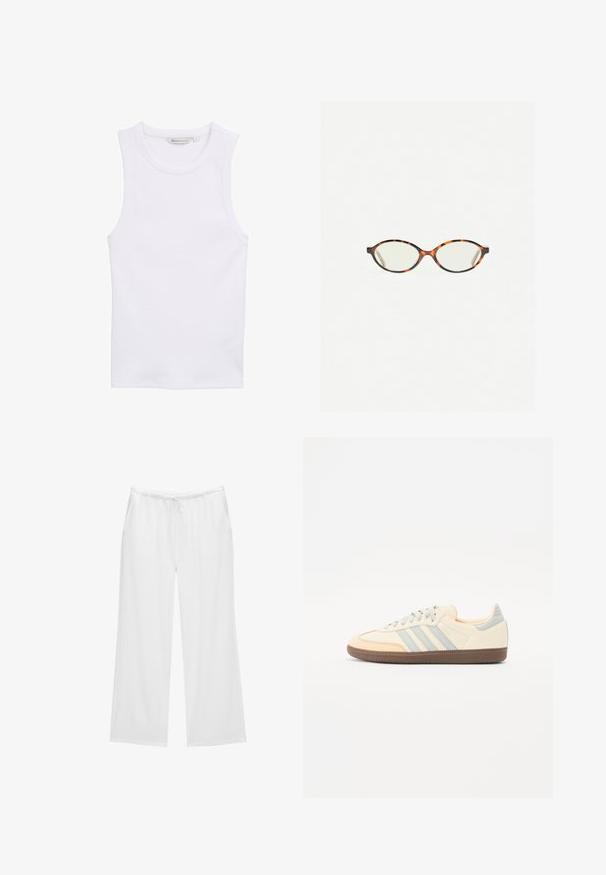 Bílý, bezramínkový top z ribbované látky. Má kulatý výstřih a přiléhavý střih. Štítek ukazuje velikost 'S'.; Bílé kalhoty s širokými nohavicemi vyrobené z měkké tkaniny, které mají elastický pas se šňůrkou a dvě boční kapsy. Jednoduchý a čistý design.; Tenisky s krémovým koženým svrškem, světle modrými pruhy a broskvovými akcenty. Mají strukturovanou hnědou gumovou podrážku a minimalistický design.; Želvovinové brýle s oválnými čočkami a hladkým, jemným povrchem. Má tenké bočnice s jemným zakřivením v chrámcích. Čiré čočky.