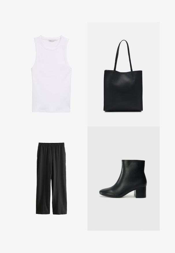 Balts bez piedurknēm topiņš, izgatavots no ribota materiāla. Iezīmējas ar apaļu kakla izgriezumu un pieguļošu siluetu. Birka rāda izmēru 'S'.; Melnas, līdz ceļiem garas bikses, kas izgatavotas no vieglas auduma. Elastīgs jostasvērums un gluda tekstūra ar taisnu kāju dizainu. Nav redzamu detaļu vai rakstiem.; Melna ādas potīšu zābaki ar smailu purngalu un masīlu papēdi. Gluda tekstūra ar minimāliem akcentiem un gludu, pieguļošu dizainu.; Melnas ādas somiņa ar gludu tekstūru, taisnstūra formu un divām garām rokturiem. Nav redzamu aparatūras vai rotājumu.