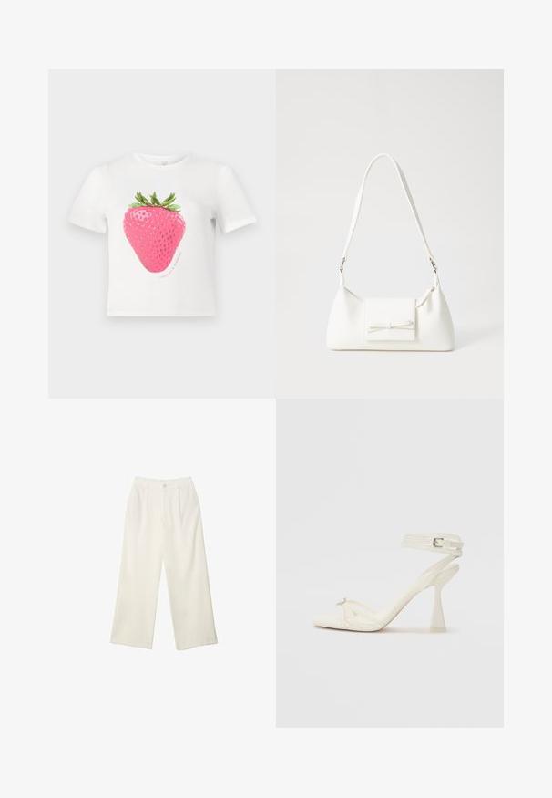 Biela bavlnená tričko s veľkým ružovým grafickým zobrazením jahody so zelenými listami, doplnené textom "RASTIEME & ŽIARIME" v kruhovom dizajne.; Široké nohavice z krémovej látky s hladkou textúrou, s jedným predným gombíkom, jemnými skladmi a vysokým pásom.; Biele kožené sandále na vysokom podpätku s pásikmi, elegantným dizajnom, priehľadným blokovým podpätkom a dekoratívnym prvkom na špičke.; Biela syntetická kabelka s trojuholníkovým tvarom, plochým predným klapkou a detailom mašle, nastaviteľným popruhom, hladkou textúrou a minimalistickým dizajnom.