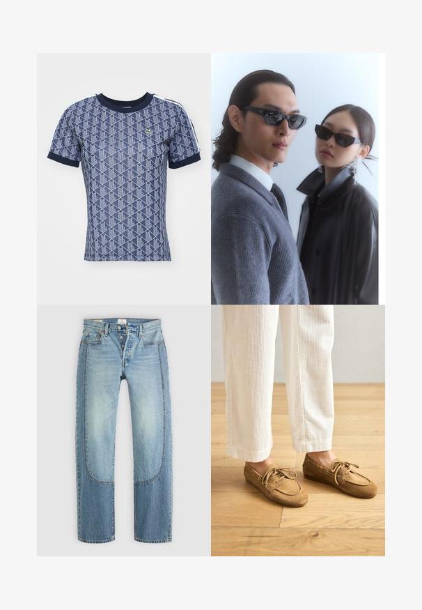 Temno modra majica s kratkimi rokavi z geometrijskim belim vzorcem, rebrastim temno modrim ovratnikom in kontrastnimi stranskimi črtami. Ima majhen logotip.; Svijetloplave traperice s ravnim, slobodnim krojem, s kontrastnim panelima i dizajnom s pet džepova. Zatvaranje na gumb.; Rjavi semiš čolnički čevlji z vezalkami, značilni po zaobljenem nosu in všitih detajlih. Obuti z belimi kordnimi hlačami v leseni okolici.; Sončne očala z oglatimi črnimi okvirji na modelu s sivo jopico, ki prikazuje teksturirano pletenino, in črno usnjeno jakno, ki jo nosi drug model.; Rjava semišasta hobo torba s ukrivljenim vrhom, dolgim trakcem z dot akcenti in mehko teksturo. Ima sproščen videz za vsakdanje uporabo.