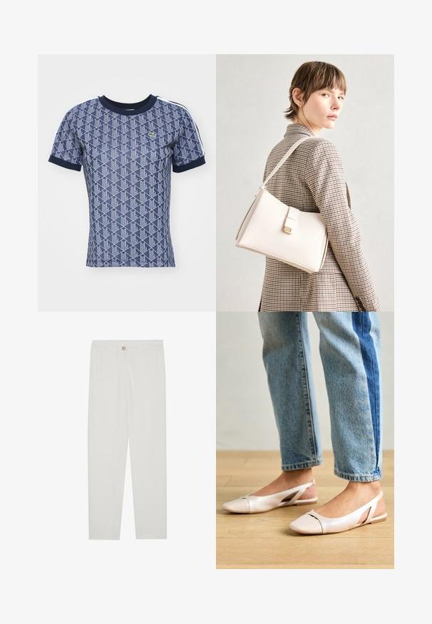 Námořnická modrá polo trička s krátkým rukávem s geometrickým bílým vzorem, skládaným námořnickým límcem a kontrastními bočními pruhy. Obsahuje malé logo.; Bílé kalhoty na míru s rovnými nohavicemi, se zapínáním na knoflík, poutky na opasek a bočními kapsami; hladká struktura látky.; Světle růžové slingback baleríny s špičatou špičkou, vyrobené z hladkého koženému materiálu. Obsahují vystřihovací detaily po stranách a plochý podpatek.; Bílá kožená kabelka se strukturálním designem, s magnetickým uzávěrem a ramenním popruhem, prezentovaná na neutrálním pozadí.