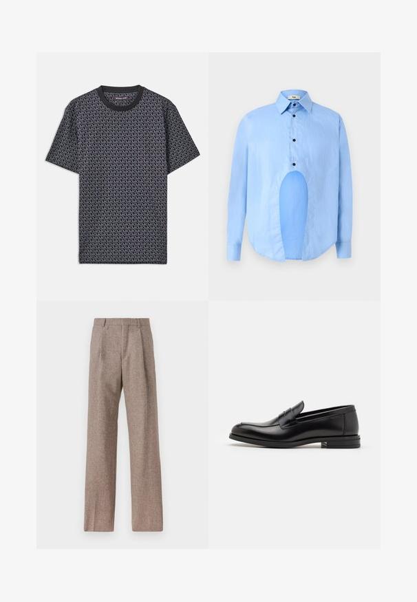 Sort kortærmet t-shirt med et hel-tryk af geometrisk "MK" mønster, ribbet rund hals og et blødt, tekstureret stof.; Lysblå langærmet skjorte med spids krave, sorte knapper og et unikt udskæring foran for et særpræget design.; Brune, højtaljede bukser lavet af tekstureret stof. Har brede ben og to frontfoldninger for struktur. Pæn finish uden synlig hardware.; Sorte læderloafers med en glat overflade, rund tå og en dekorativ strop over vampen. Lav hæl med stabeldesign, minimalistisk stil.