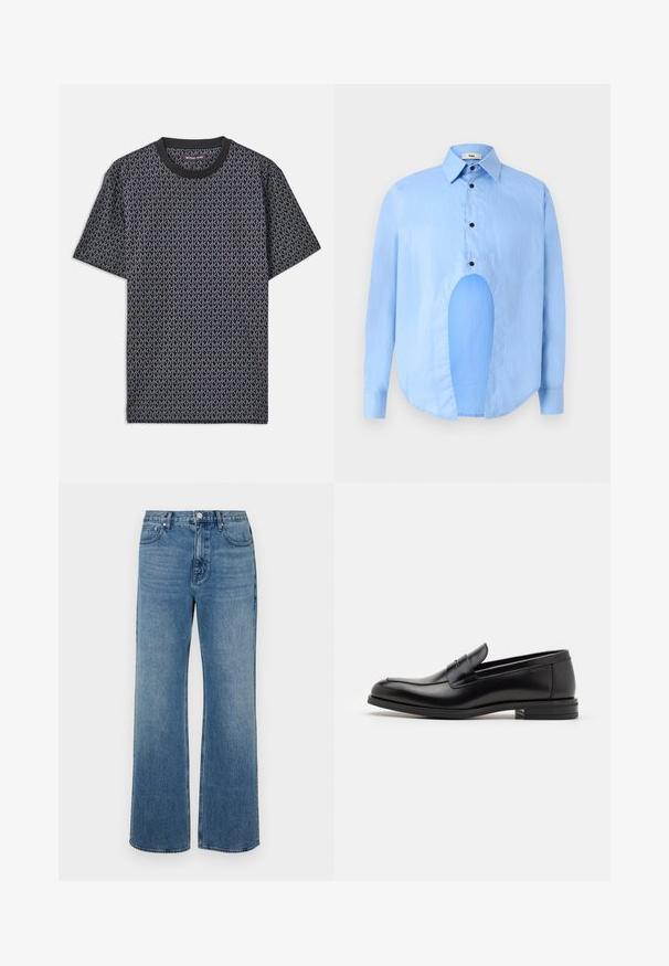 T-shirt nera a maniche corte con motivo geometrico "MK" su tutta la superficie, collo a girocolo ribattuto e un tessuto morbido e testurizzato.; Camicia azzurro chiaro a maniche lunghe con colletto a punta, bottoni neri e un taglio unico nella parte anteriore per un design distintivo.; Jeans a gamba larga blu in denim con una finitura sbiadita. Presentano cinque tasche, una chiusura con bottone frontale e una vestibilità dritta.; Mocassini neri in pelle con una texture liscia, punta arrotondata e una striscia decorativa sulla tomaia. Tacco basso impilato, design minimalista.