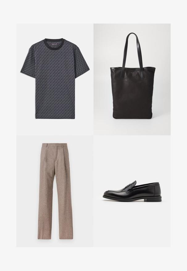 Sort kortærmet t-shirt med et hel-tryk af geometrisk "MK" mønster, ribbet rund hals og et blødt, tekstureret stof.; Brune, højtaljede bukser lavet af tekstureret stof. Har brede ben og to frontfoldninger for struktur. Pæn finish uden synlig hardware.; Sorte læderloafers med en glat overflade, rund tå og en dekorativ strop over vampen. Lav hæl med stabeldesign, minimalistisk stil.; Sort lærred tote taske med sorte læderhåndtag. Simpelt design, rummelig krop og en glat overflade. Ingen synlige logoer eller mønstre.