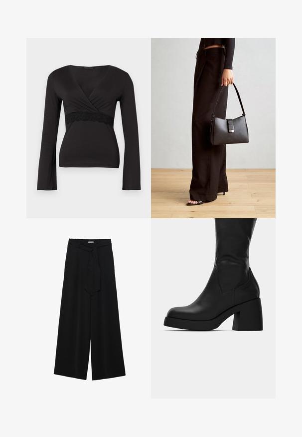 Czarny top z długim rękawem, zapinany z przodu, z dekoltem w kształcie litery V i koronkowym wykończeniem pod biustem, dopasowany krój.; Czarne spodnie szerokie z teksturowanej tkaniny, z elastycznym paskiem w talii i odpinanym paskiem w talii dla regulowanego dopasowania.; Czarna skórzana botka do połowy łydki z masywnym słupkiem i okrągłym noskiem, przedstawiona w profilu bocznym na białym tle.; Czarna torebka o usztywnionym kształcie, gładkiej fakturze i metalowym zapięciem. Połączona z szerokimi czarnymi spodniami i sandałami na otwartym palcu na drewnianej podłodze.